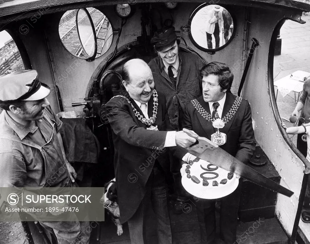 Steam locomotive Green Dragons 90th birthday, August 1977 Cutting a cake to celebrate a steam trains birthday: Lord Mayor of Manchester Cllr Robert ...