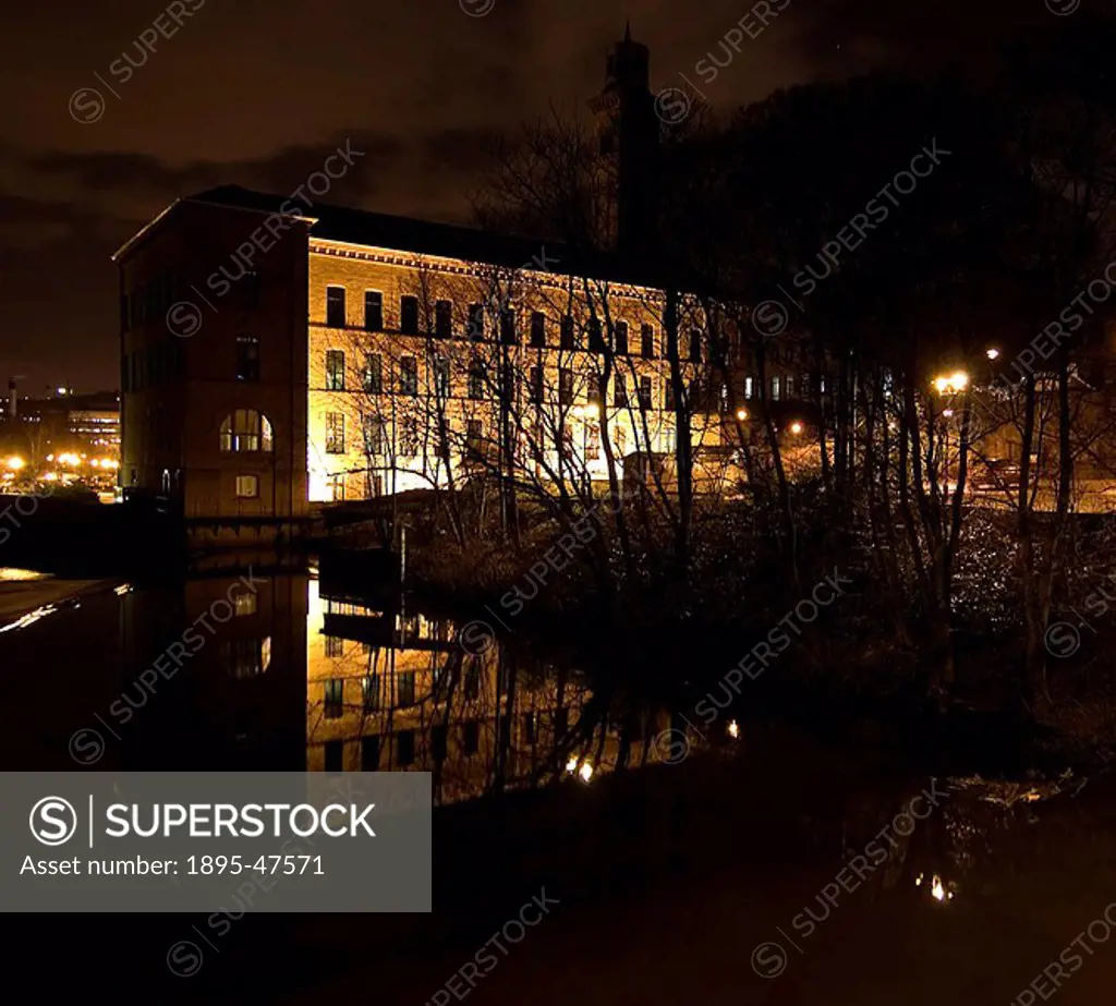 Salts Mill, Saltaire, West Yorkshire, 2007 Night view of the rear of the mill from the Saltaire-Baildon footbridge  This vast mill, on the bank of th...