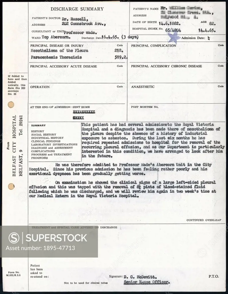 Hospital discharge summary for lung cancer patient, 1965 Page of a Belfast City Hospital discharge summary for W G, case number 46 in Dr P C Elmes´ wo...