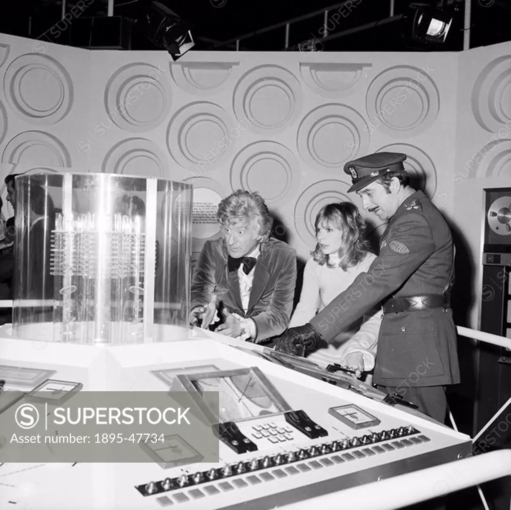 Doctor Who in the Tardis, Science Museum, December 1972 Doctor Who cast members Jon Pertwee, Katy Manning and Nicholas Courtney in character at the op...