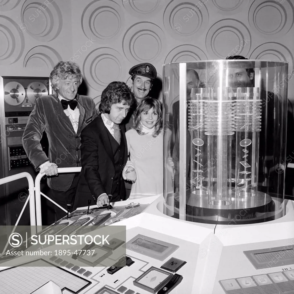Doctor Who at the Science Museum, December 1972 Doctor Who cast members Jon Pertwee left, Katy Manning and Nicholas Courtney right, rear in character ...