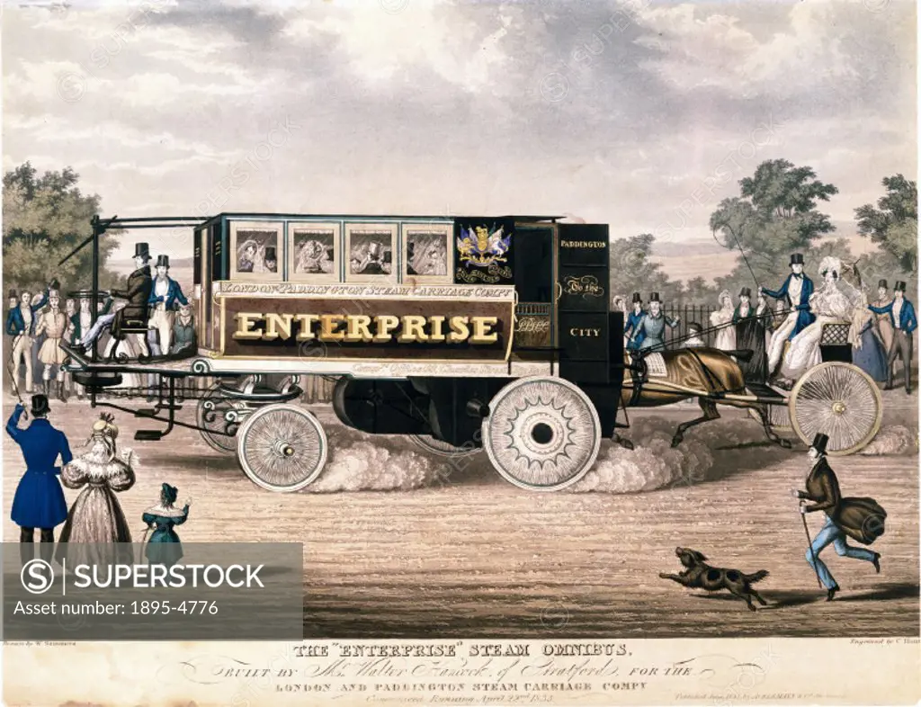 Coloured engraving by C Hunt after an original drawn by W Summers, depicting a steam-powered omnibus, watched by crowds of onlookers. The Enterprise w...
