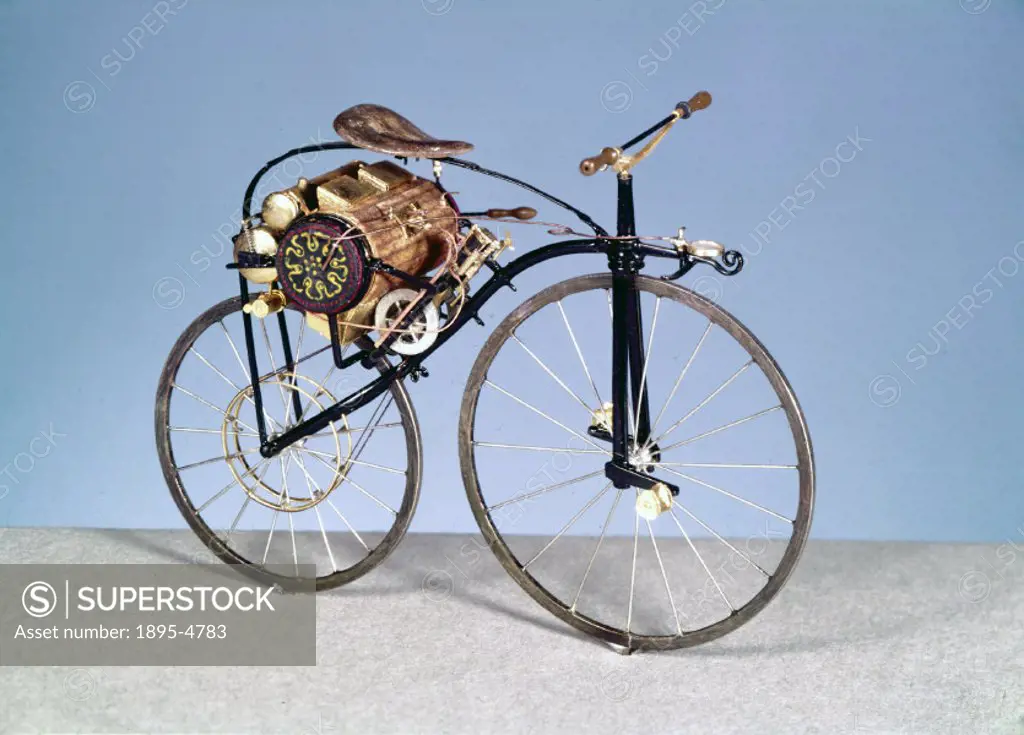 Scale model representing the worlds first motorcycle. By 1869 Michaux of Paris were already established as the largest bicycle manufacturer in Europe...