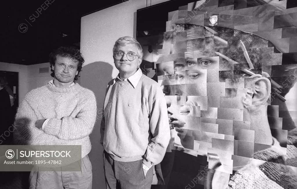 David Hockney and Noel Myles at the NMPFT, Bradford, July 1985 British artist David Hockney and photographer Noel Myles in front of one of Myles´ phot...