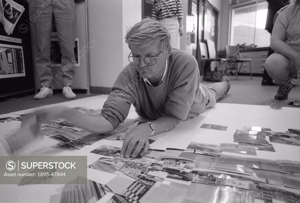 David Hockney, NMPFT, Bradford, 19 or 20 July 1985 David Hockney creating a ´joiner´ photographic collage of the National Museum of Photography, Film ...