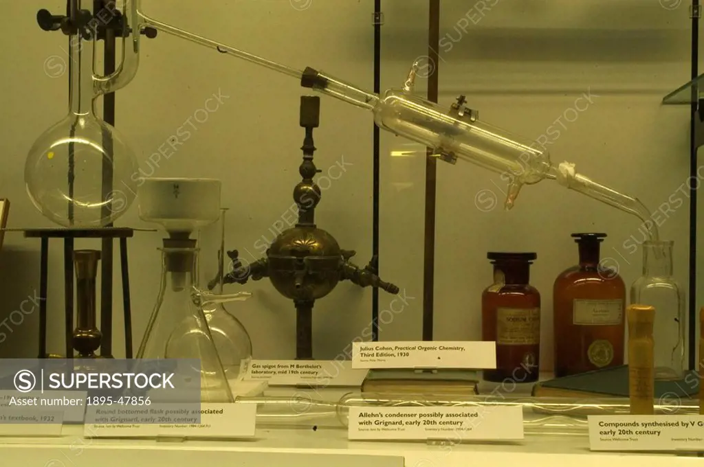Chemical apparatus, late 19th century Display of apparatus used in late 19th century organic chemicals synthesis  In the centre is a laboratory spigot...