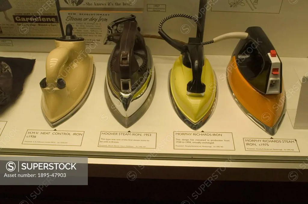 Irons, Science Museum, London, 2007.HMV ´Ceramic´ electric iron, c 1936, ´Hoover´ steam iron, 1953, Morphy Richards electric iron, c 1975, Morphy Rich...