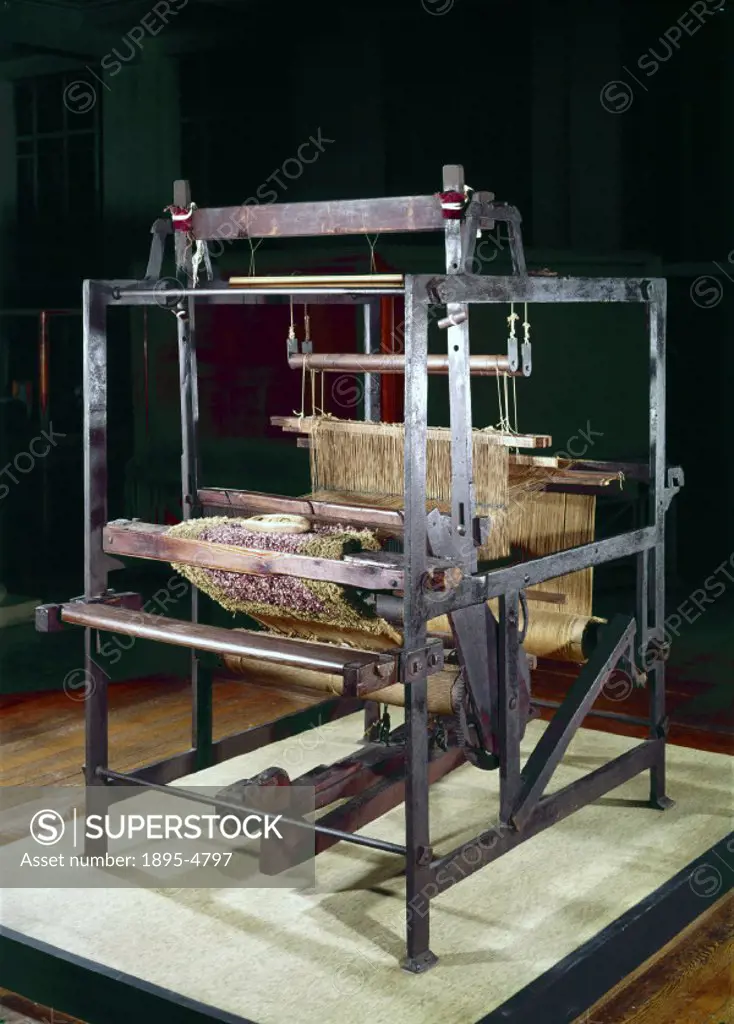 This iron-framed hand loom was in use from 1832 until 1940 for making hand-tufted carpets. It closely resembles the medieval wooden hand looms in whic...