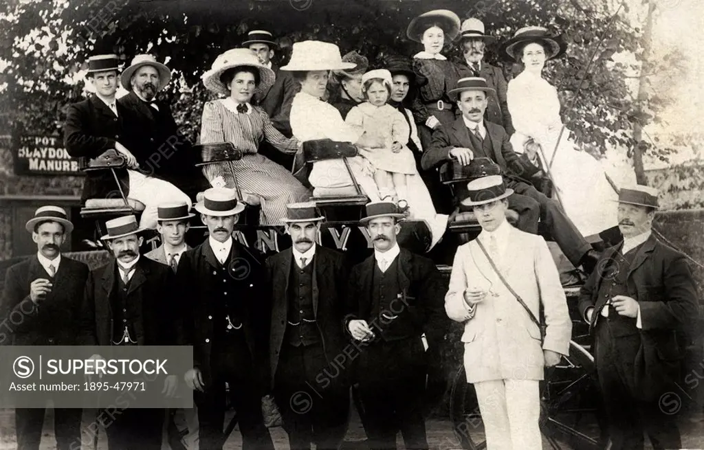 Coach party, North_East of England, 1910s.Group portrait of employees of Blaydon Manure.