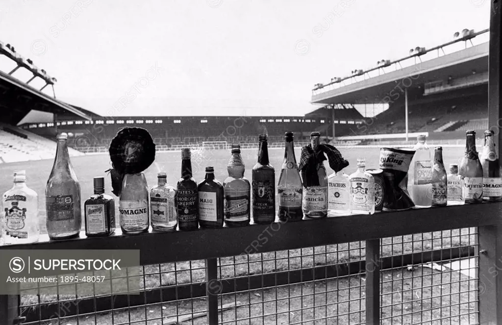Bottles after a Scotland football match, October 1986 Empty bottles left by fans after a World Cup qualifying match between Scotland and Wales  Drinks...