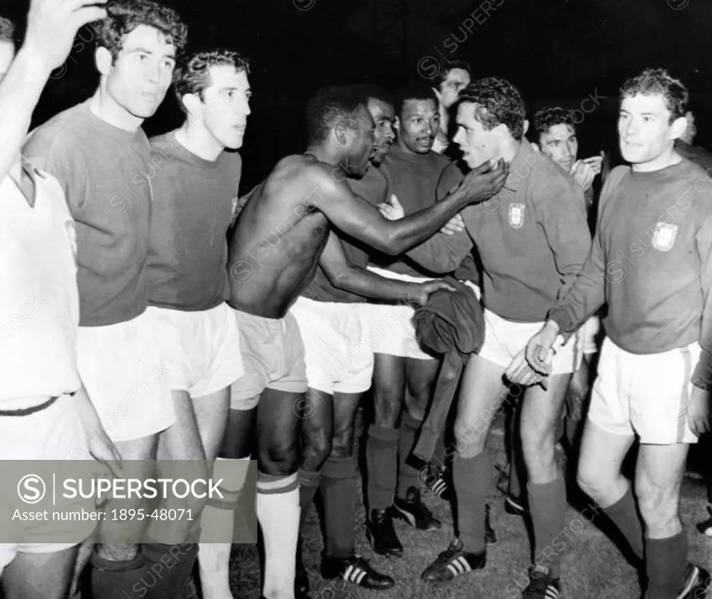 Pele congratulates a Portuguese player, World Cup, Anfield, 19 July 1966 Pele of Brazil exchanges shirts with one of his opponents  Portugal beat Braz...