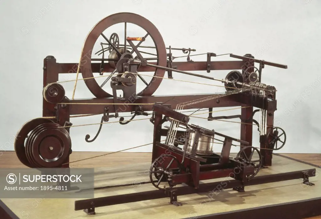 This hybrid spinning machine combined Arkwright´s method of drawing out the roving (twisted cotton fibres) by rollers and Hargreaves´s reciprocating c...