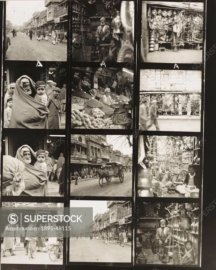 Contact sheet of street scenes in Peshawar, Pakistan, February 1961.Gelatin silver print. A contact sheet of street scenes, including coppersmiths´ an...