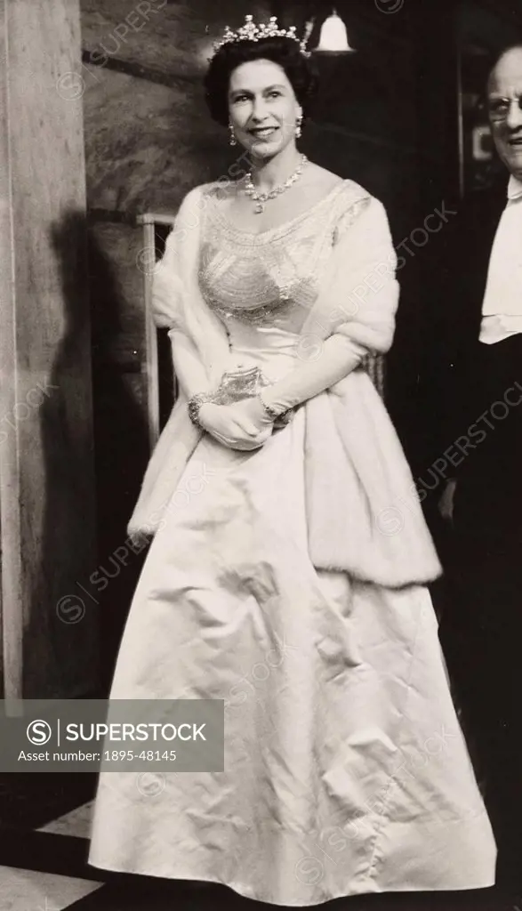 Queen Elizabeth arriving at the Royal Variety Performance, 1960.Gelatin silver print. A photograph of Queen Elizabeth II arriving at the Royal Variety...