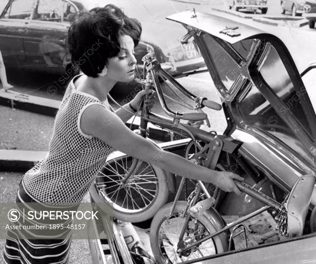 Folding Raleigh bike, July 1965.Model with compact’ version which folded so small it fitted into a car boot.