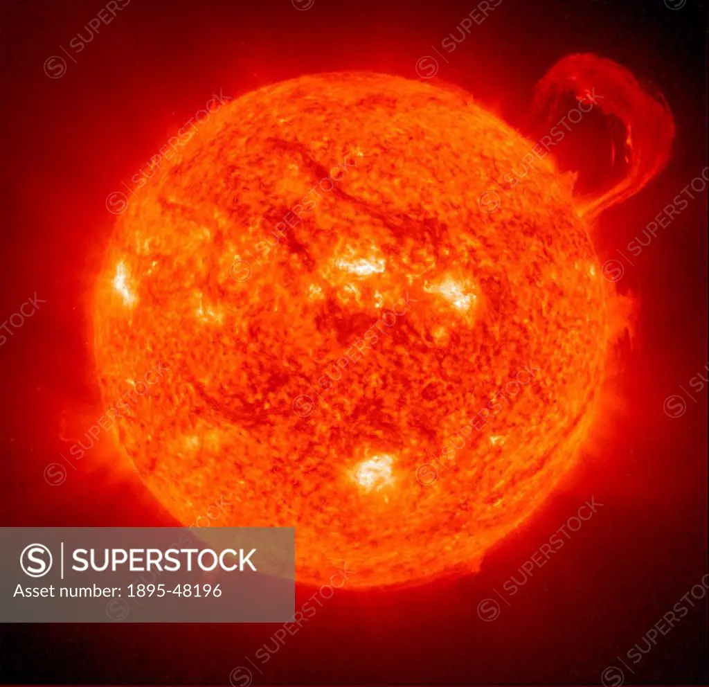 The Sun with handle_shaped prominence, 14 September 1999.Extreme Ultraviolet Imaging Telescope EIT image of a huge, handle_shaped prominence taken in ...