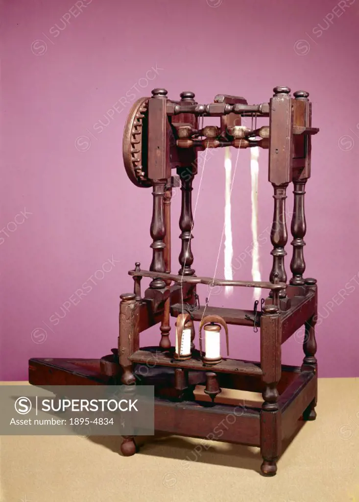 Patented by Sir Richard Arkwright (1732-1792) in 1769, this machine used the drawing roller method invented by Lewis Paul in 1738. The fibres are draf...