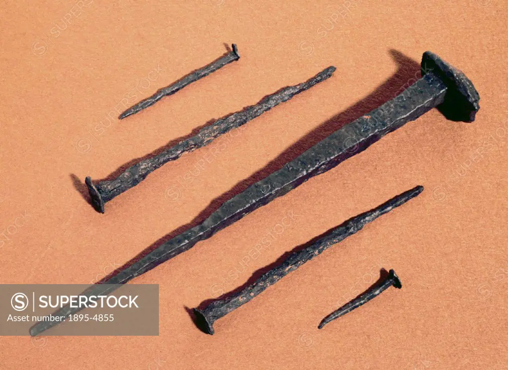 Five nails from the Roman Legionary fortress at Inchtuthill, near Dunkeld, Perthshire, Scotland. The Roman camp at Inchtuthill was constructed by Agri...