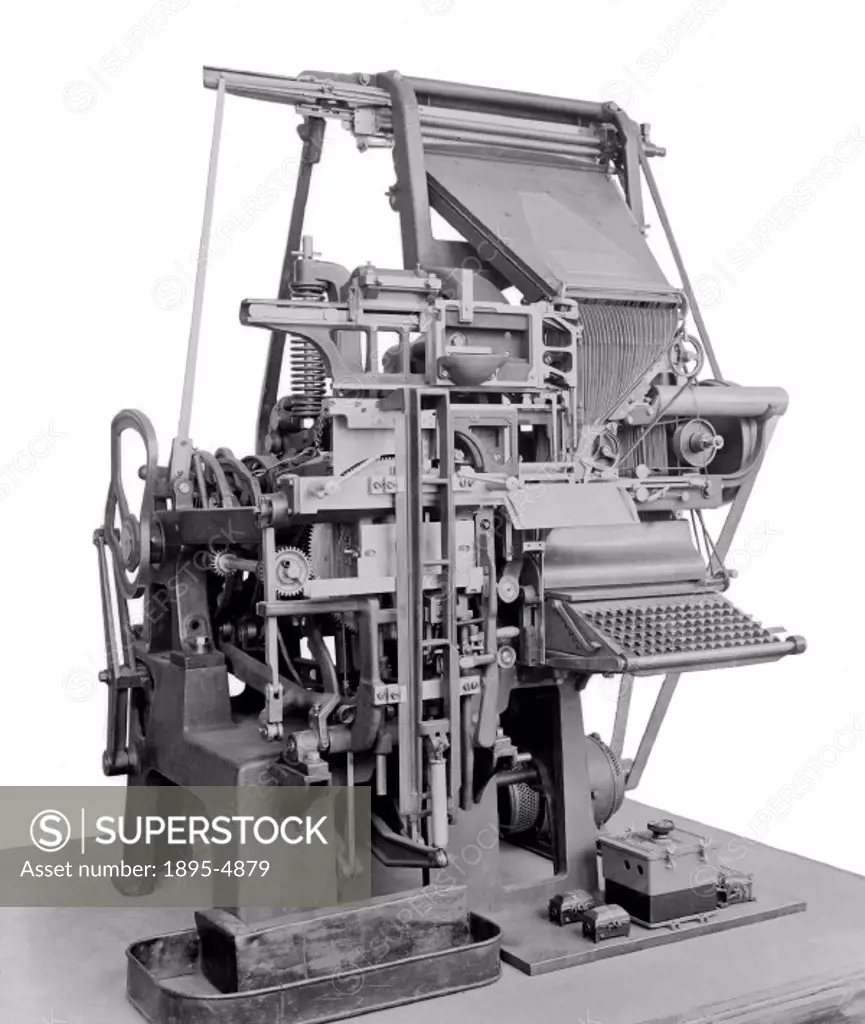 Early model linotype typesetter with stand supports and electric motor, font of single letter Bourgeois no 21 matrices, set of spacebands and solid mo...