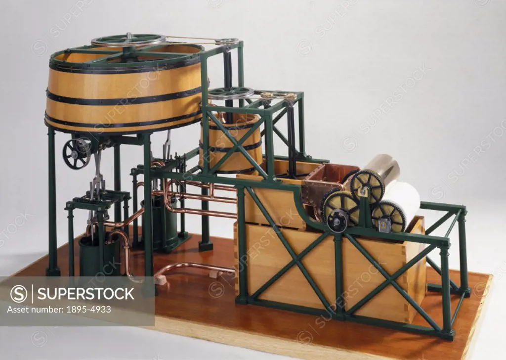 Model (scale 1:6) of John Dickinsons (1782-1869) machine. It consisted of a perforated brass drum covered with wire gauze. This had closed ends and r...