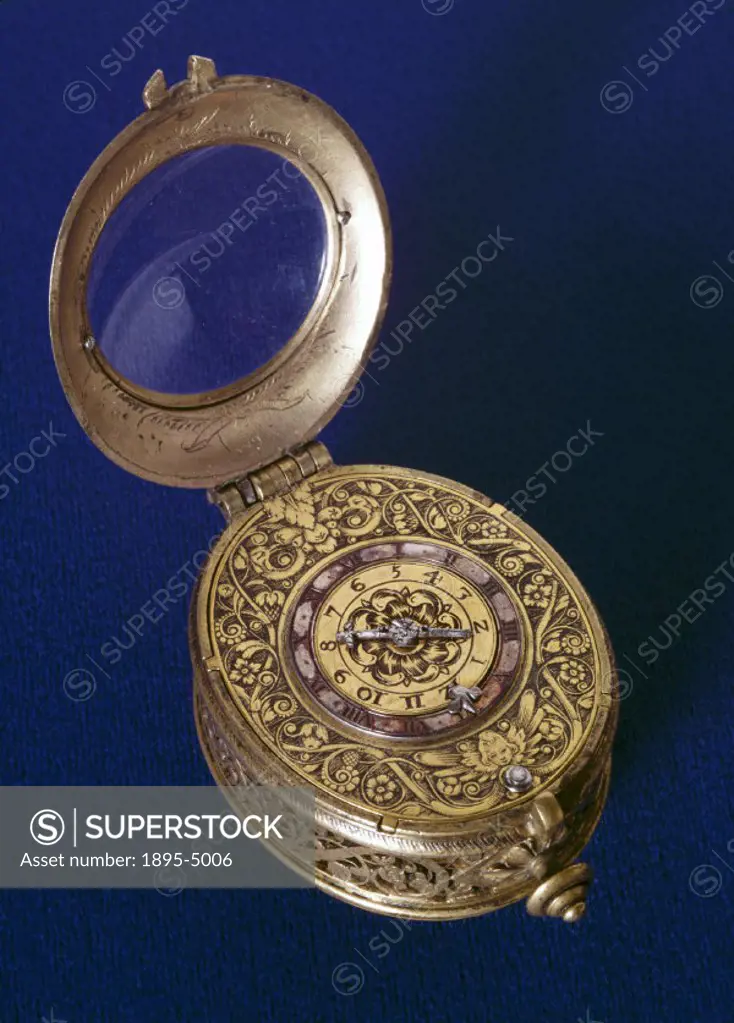 This oval alarm watch is typical of the early 17th century and was made by Andre Pichon of Lyon, France. In the centre of the dial is a brass disc car...