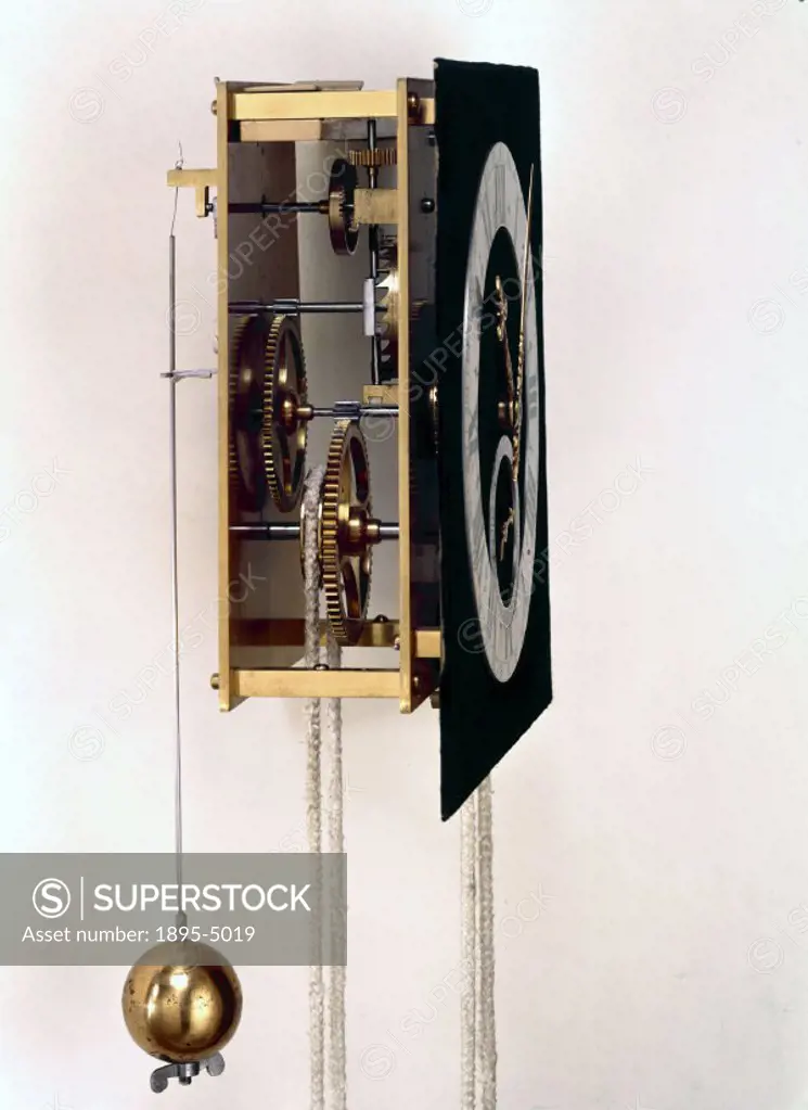 Reconstruction of the pioneer pendulum clock designed by the Dutch scientist, Christiaan Huygens (1629-1693), in 1656. Huygens commissioned the clockm...