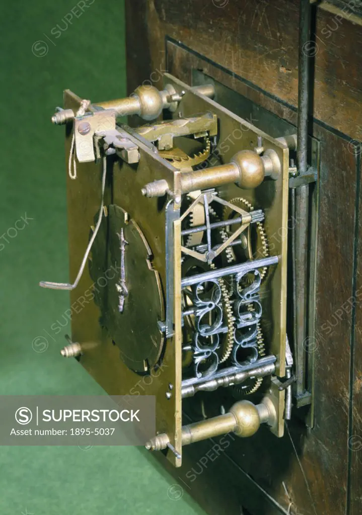 Detail of mechanism. An early example of a pendulum clock made by Isaac Thuret (d 1700), clockmaker to King Louis XIV (1638-1715) of France. The first...
