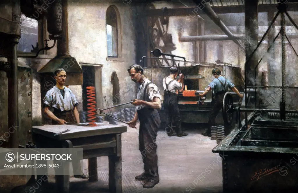Oil painting by E F Skinner showing the interior of Grimesthorpe Steel and Ordnance Works, Sheffield, with foundry workers coiling and setting springs...