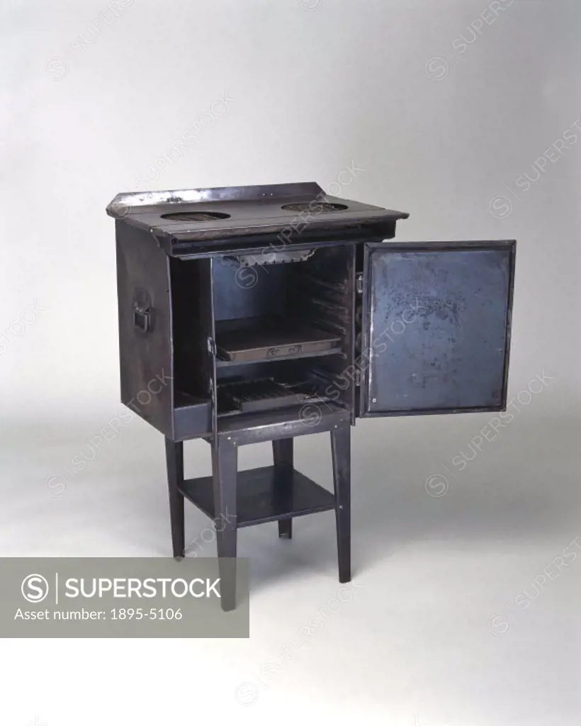 This cooker was introduced just after World War I and is of very light, mild steel construction. There are three heaters on the hotplate (two boiling ...