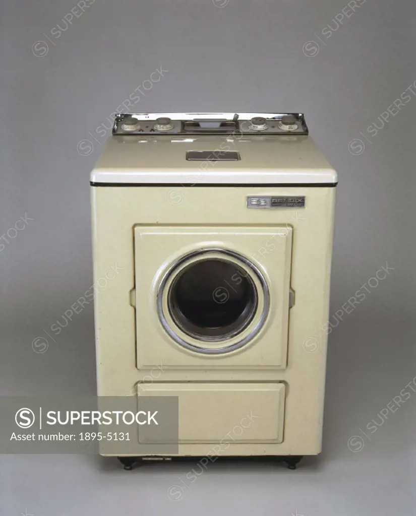 The first electric washing machine was invented by the American Alva J Fisher and introduced in 1908. Front view.