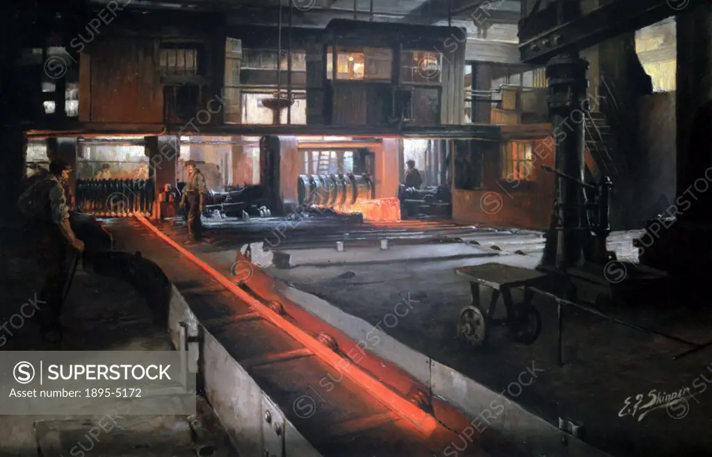 Oil painting by E F Skinner showing the interior of Penistone Steel Works, South Yorkshire with a 863.6 mm (34 inch) rolling mill producing billets fo...