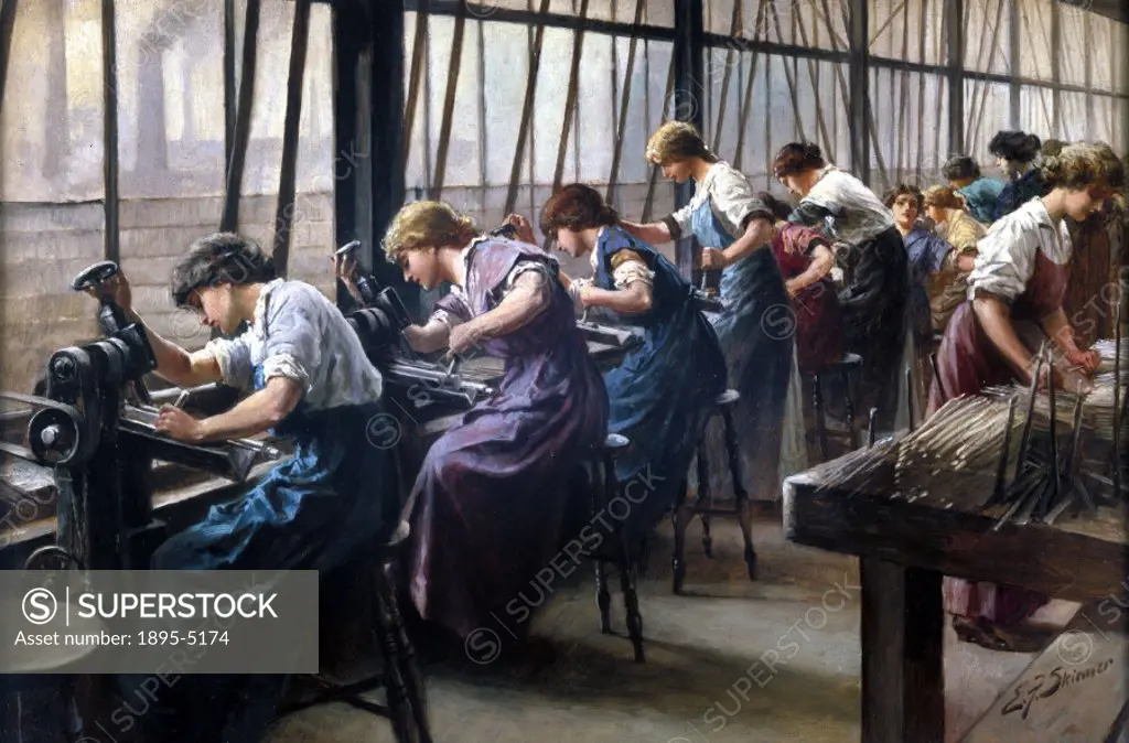 Oil painting by E F Skinner showing the interior of Cyclops Steel and Iron Works, Sheffield, with a line of women factory workers using lathes to cut ...