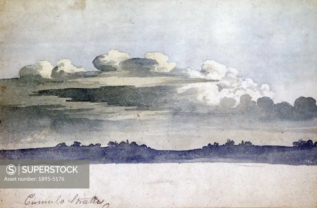 Cloud study, c 1810. By Luke Howard (1772-1864). 1811. Cumulus and cirrostratus above a silhouette landscape. Blue and grey wash, with cream and white...