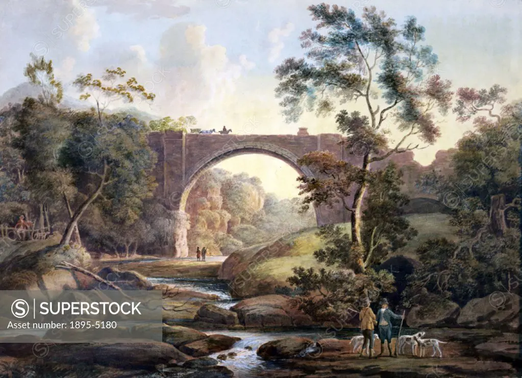 Watercolour by J Atkinson, showing the bridge with two horses and a cart crossing it, and two fishermen in the shallow river below. Two men with guns ...