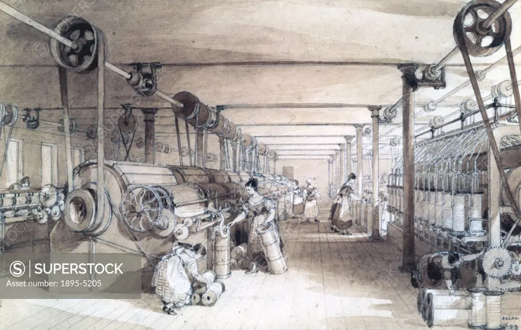 One of five drawings in pencil, pen and wash by Thomas Allom. This interior view of the mill shows women carding, drawing and roving the cotton. Cotto...