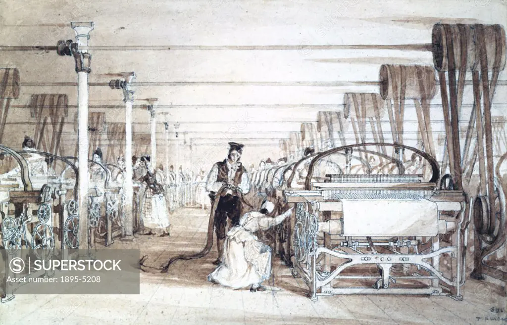 One of five drawings in pencil, pen and wash by Thomas Allom. This interior view of the mill shows men and women operating power looms. Cotton was spu...