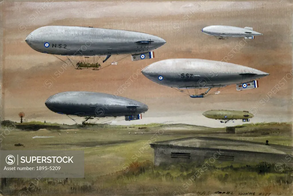 Watercolour and gouache painting on board by Norman Wilkinson, showing five Royal Navy airships heading into the wind at Capel le Ferne, near Folkesto...