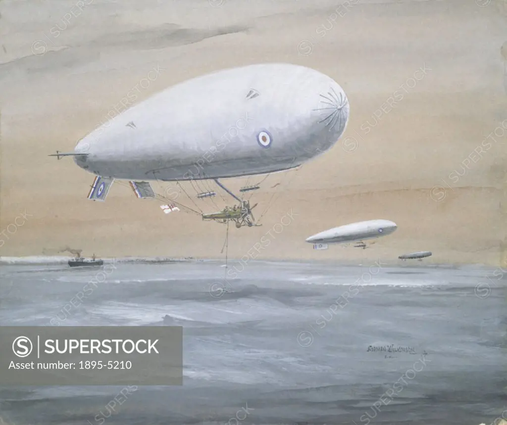 Watercolour and gouache painting on board by Norman Wilkinson, showing three airships hovering above the sea with a small ship in the background. Subm...