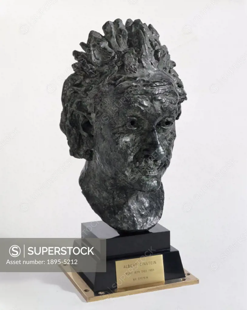 Bronze bust by Jacob Epstein, on low plinth, of Albert Einstein (1879-1955), the German-Swiss-American theoretical physicist whose major contribution ...