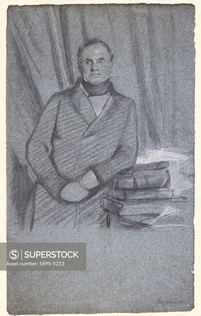 Drawing by Samuel Laurence of Babbage standing beside a table of books, in pencil with chalk on blue paper. Babbage (1792-1871), a pioneer of computin...