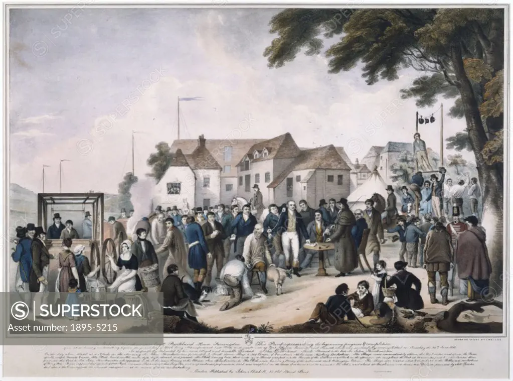 Coloured lithograph by J W Giles. This image shows the scene outside Buckland House in Farringdon on Tuesday 25 June 1811, when wool was spun, woven i...