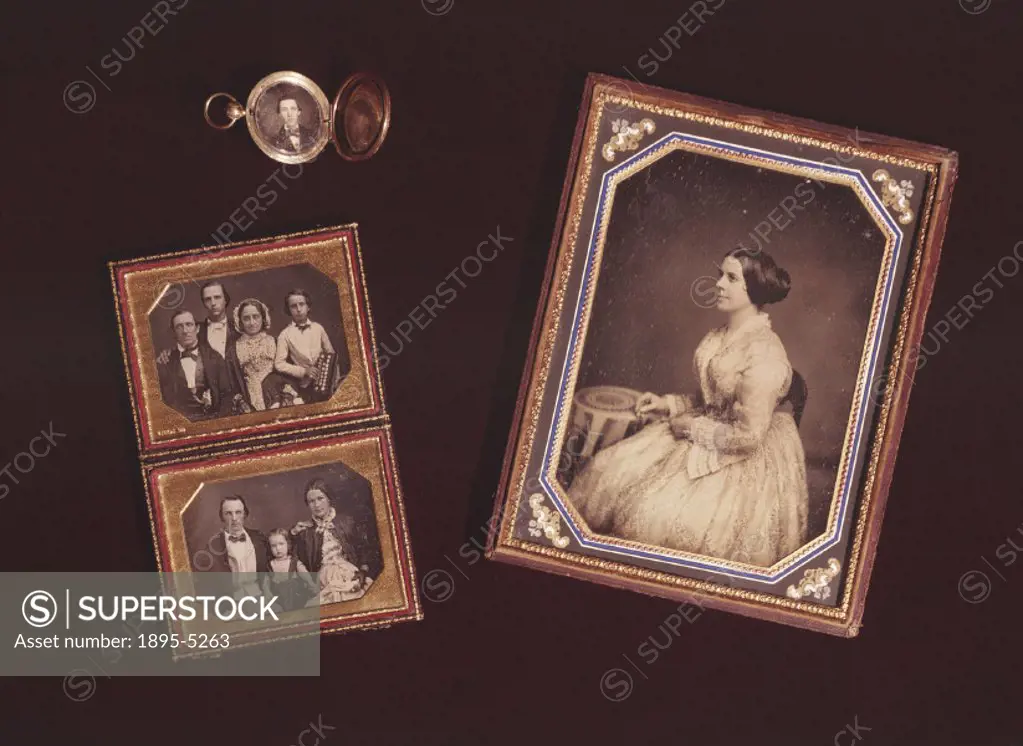 The images include the portrait of a lady, a case containing two quarter-plate daguerreotypes of family groups and a small portrait in an engraved wat...