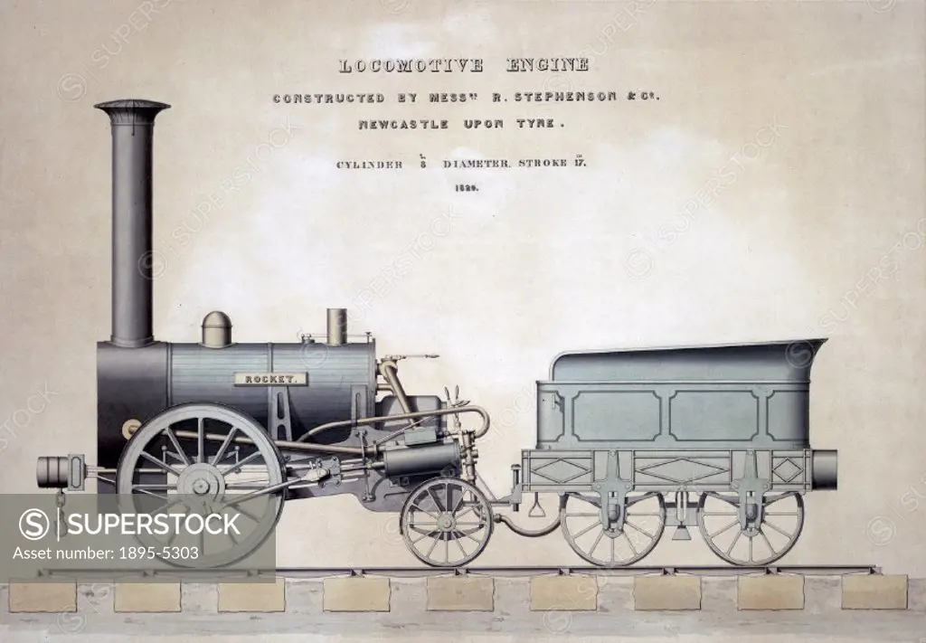 Coloured drawing made in 1836 showing the locomotive as rebuilt in 1831. The ´Rocket´, designed by Robert Stephenson (1803-1859) and George Stephenson...