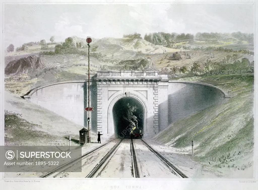 Coloured lithograph by John Cooke Bourne (1814-1896) and printed by C F Cheffins. A steam locomotive is shown emerging from the tunnel with signals to...