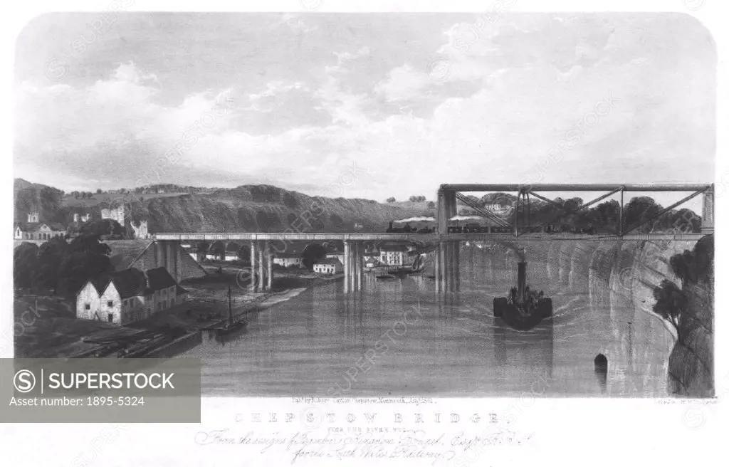 Lithograph by and after W Richardson of the original tubular steel bridge over the River Wye at Chepstow. It was designed by Isambard Kingdom Brunel (...