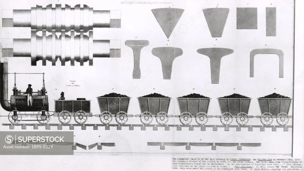 Plate from ´Specification of John Birkenshaw´s patent for an improvement in the construction of malleable iron rails´, 1824. The locomotive shown is o...