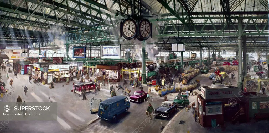 Oil painting by Terence Cuneo (1907-1996) showing a view of the concourse at Waterloo Station, London, as seen from the first floor British Rail South...