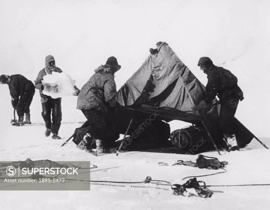 Photograph shows the explorers pitching a tent using ice to ballast down the tent sides. Captain Scott, better known as Scott of the Antarctic, was fo...