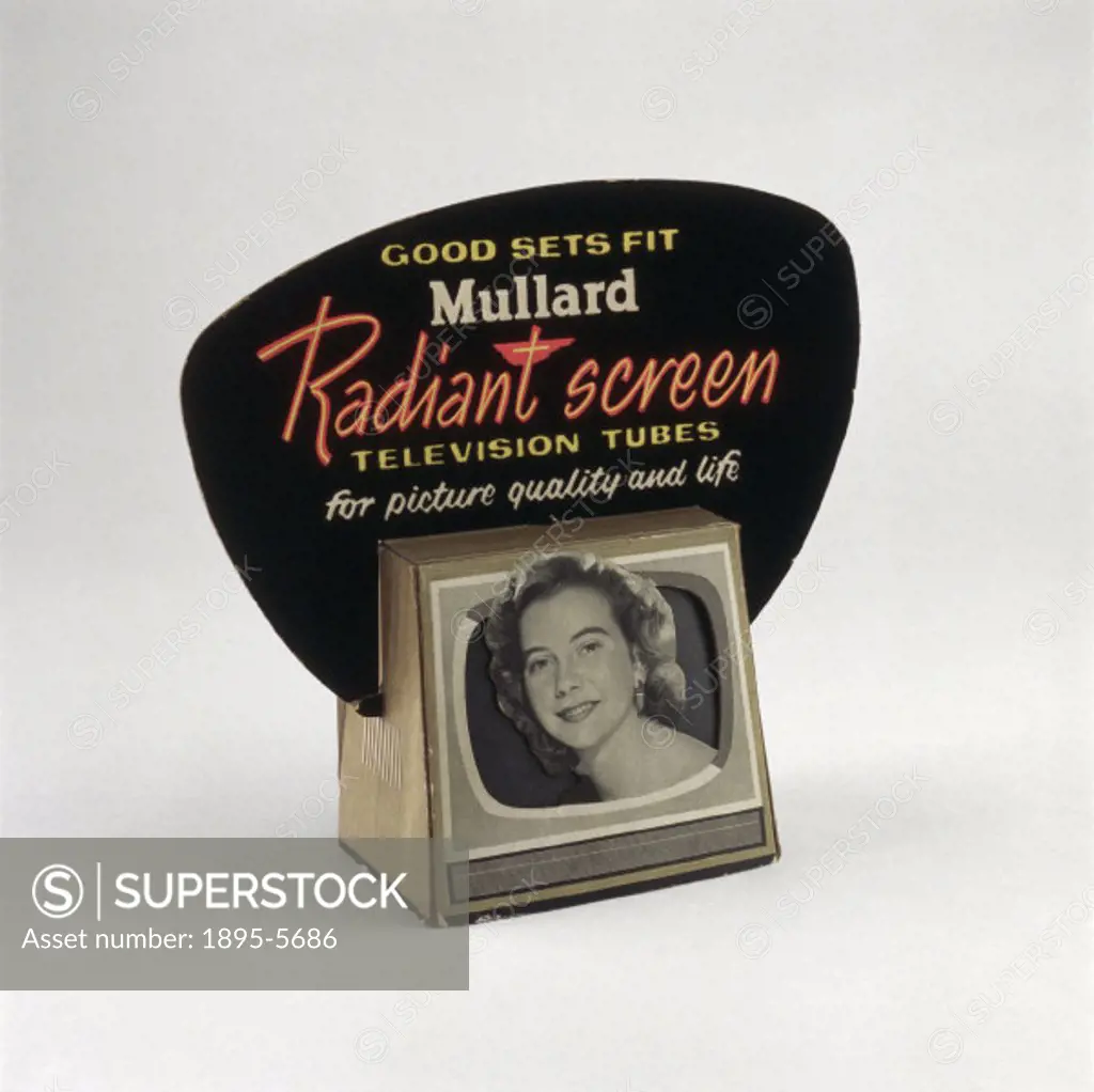 ´Mullard Radiant Screen Television Tubes for picture quality and life´. Cardboard television set with a smiling woman seeming to emerge from the scree...