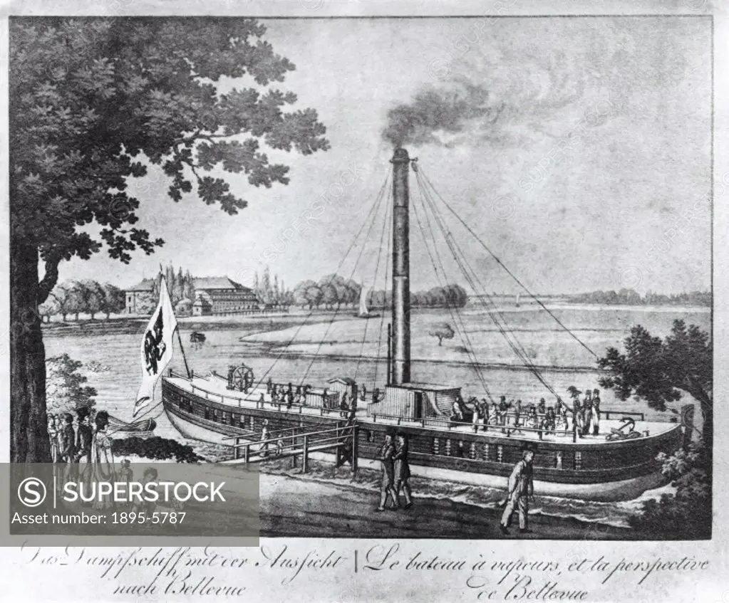 Engraving representing twin-hull paddle steam boat ´Princess Charlotte´ built in 1816 at Pichelsdorf.